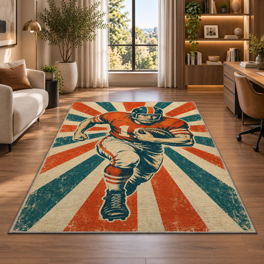 Retro Football Player rug in a living room with a desk and large windows