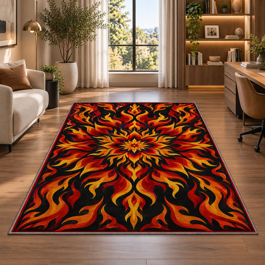 Flame Mandala rug in a living room with a desk and large windows