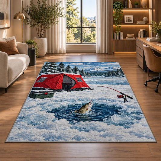Ice fishing rug in a living room with a desk and large windows