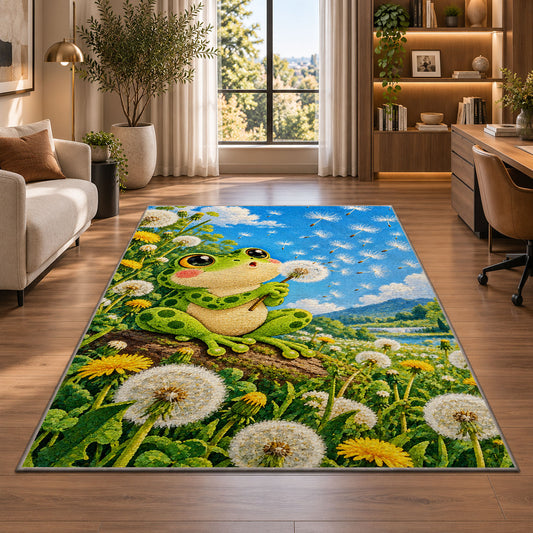frog blowing a dandelion rug in a living room with a desk and large windows