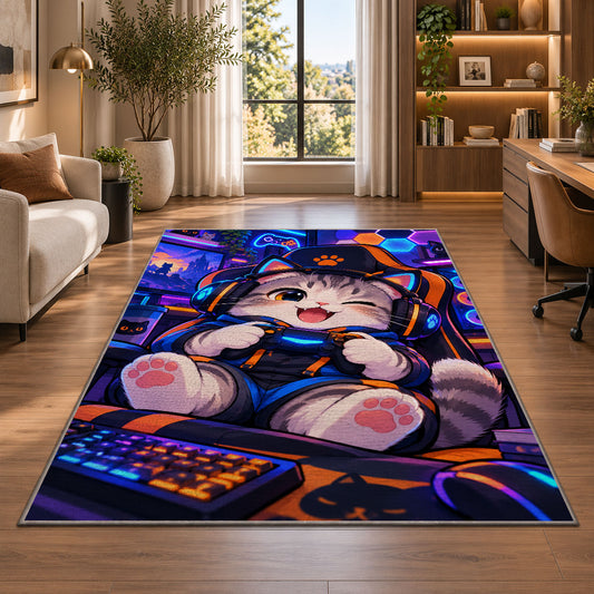 Gamer Cat rug in a living room with a desk and large windows