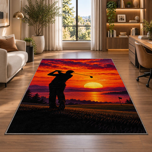 Golfer sunset rug in a living room with a desk and large windows