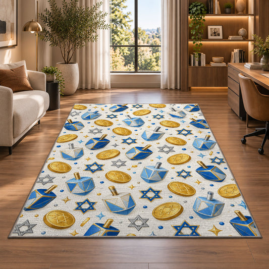 Dreidel and Gelt Pattern Rug in a living room with a desk and large windows