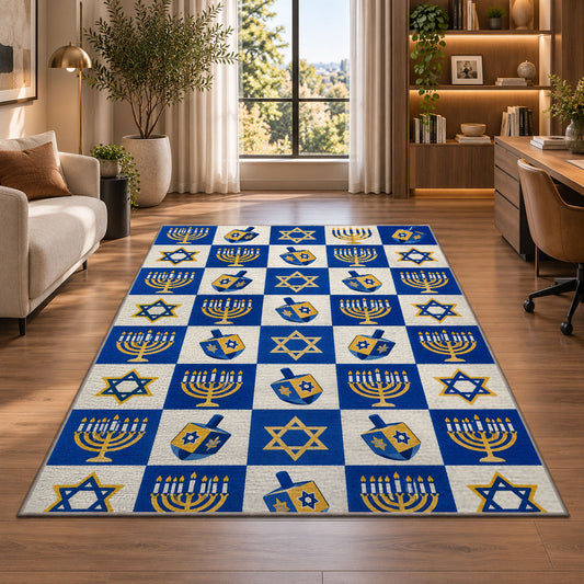 Checkered Hanukkah Rug in a living room with a desk and large windows
