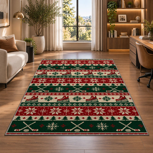 Hockey Christmas Sweater rug in a living room with a desk and large windows