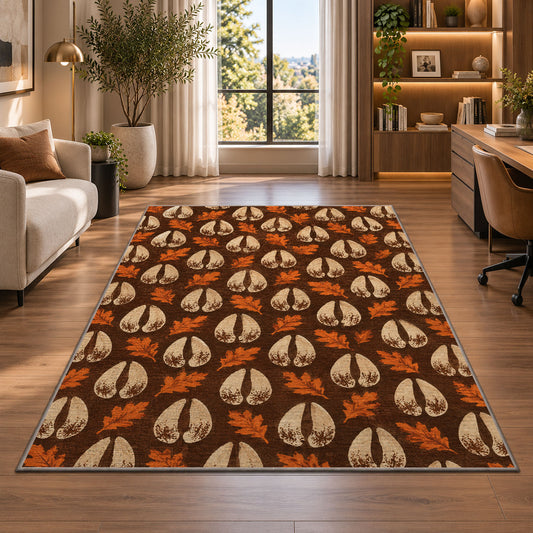 Deer Tracks Pattern rug in a living room with a desk and large windows