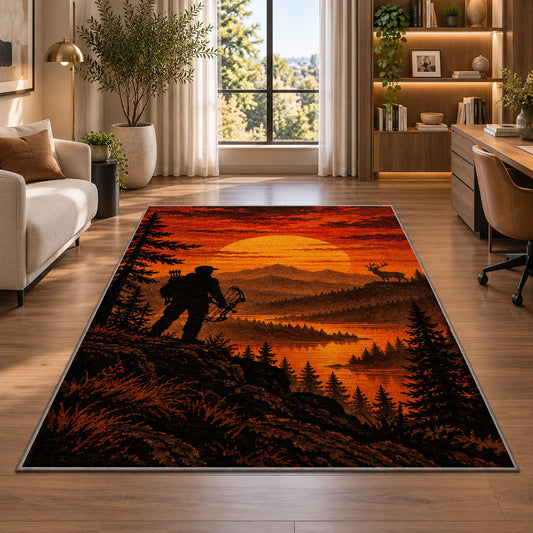 Bowhunter Sunset rug in a living room with a desk and large windows