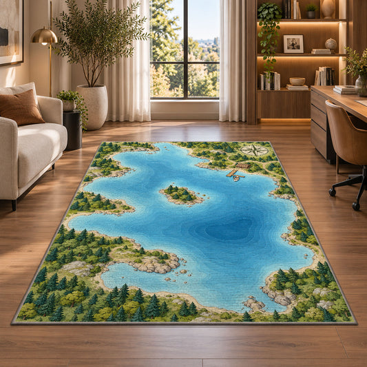 Illustrated lake map rug in a living room with a desk and large windows