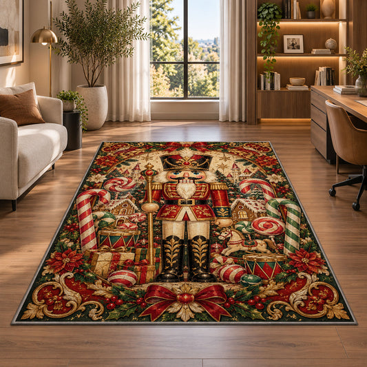 Vintage Nutcracker Rug in a living room with a desk and large windows