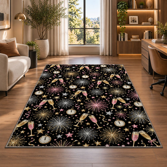 Fireworks and champagne pattern rug in a living room with a desk and large windows