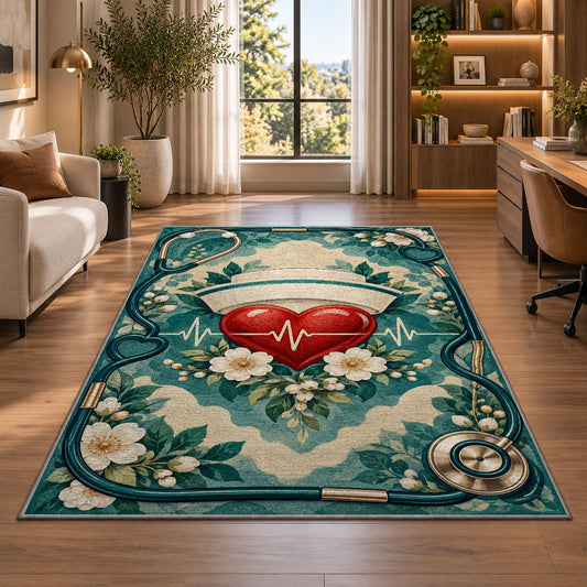 Nurse Cap Heart Rug in a living room with a desk and large windows