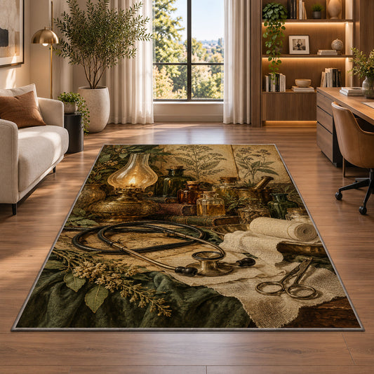 Vintage Apothecary Nurse Rug in a living room with a desk and large windows