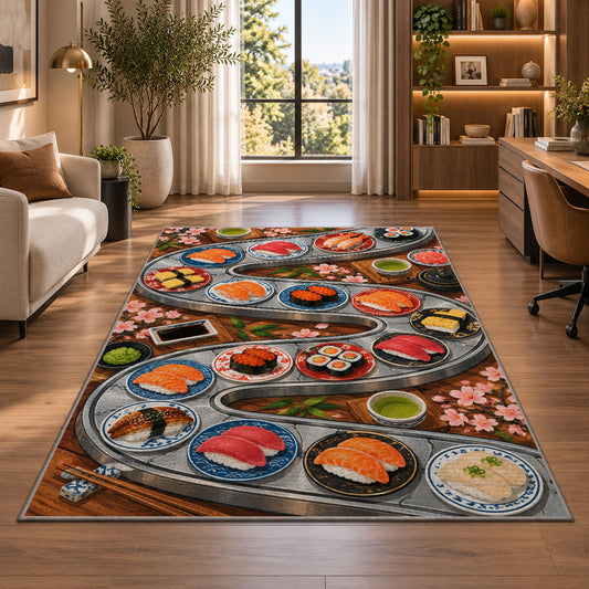 Conveyor Belt Sushi Rug in a living room with a desk and large windows