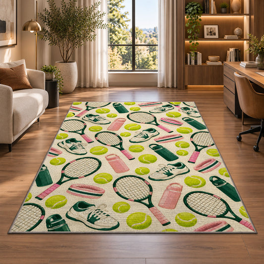 Tennis Pattern Rug in a living room with a desk and large windows