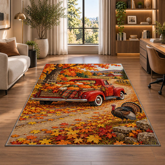 Red Vintage Truck Pumpkin Rug in a living room with a desk and large windows
