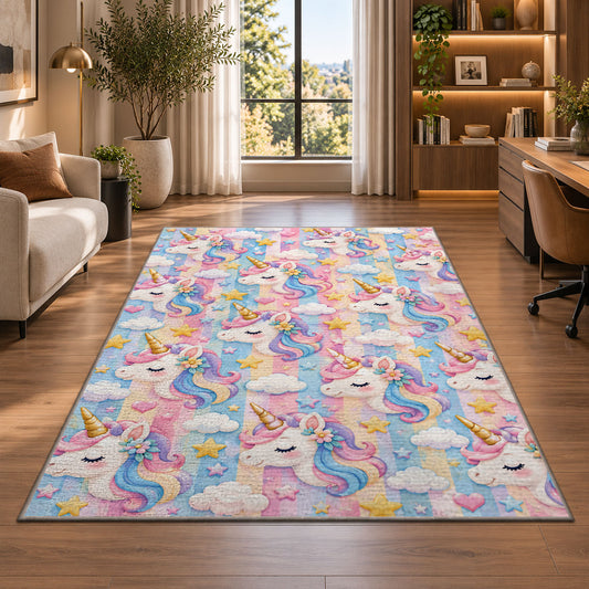 unicorn heads and stars pattern on pastel stripes rug in a living room with a desk and large windows