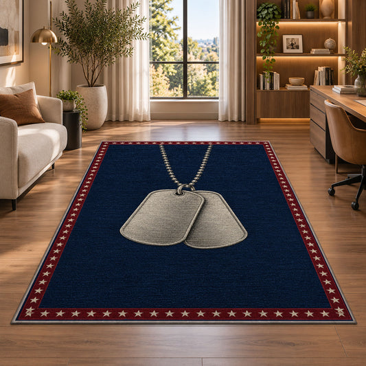 Military Dog Tags rug in a living room with a desk and large windows