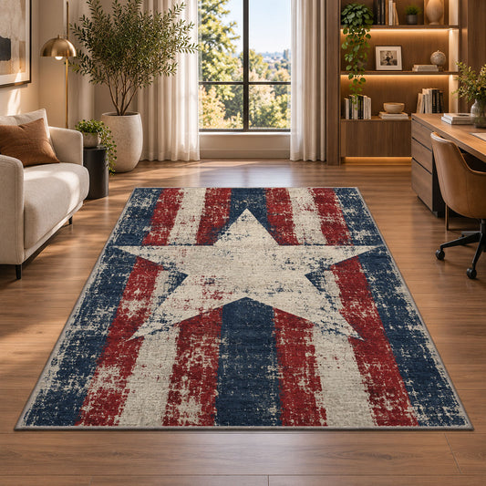 Distressed Americana Star rug in a living room with a desk and large windows
