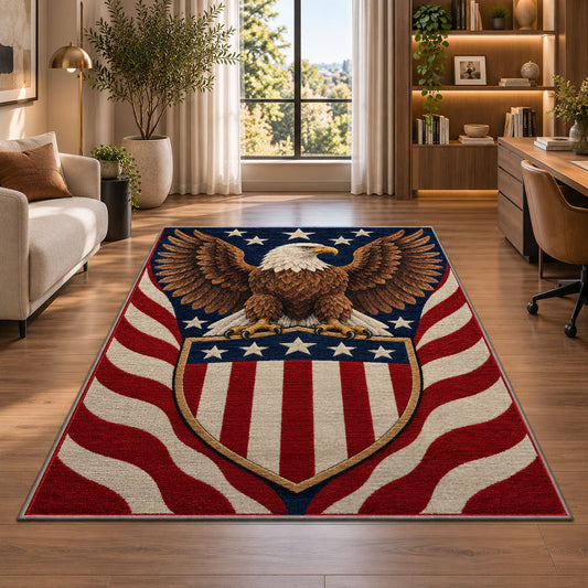 Patriotic Eagle Shield rug in a living room with a desk and large windows