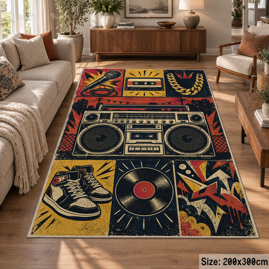 Classic Hip Hop Music Grid area rug in gold, navy and burgundy, view 7