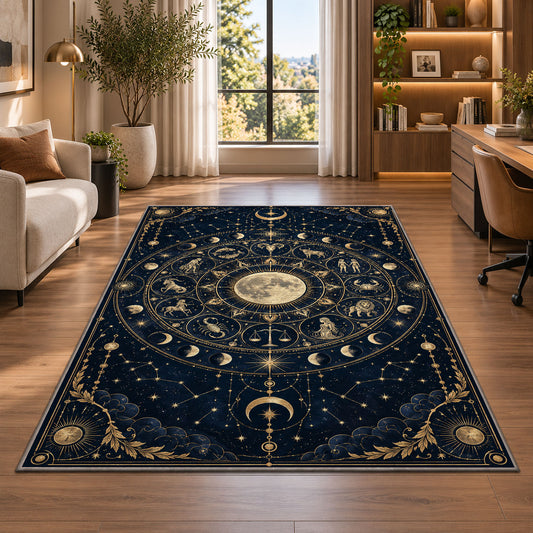 Full moon zodiac signs wheel rug in a bright home office