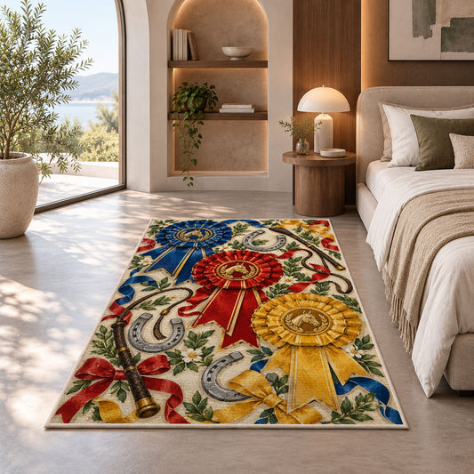 Horse Show Rosette Ribbons Rug in a bedroom with an arched window