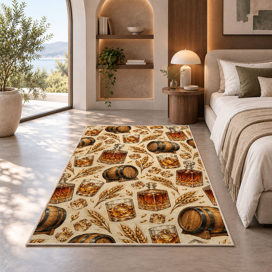 Whiskey Bar Pattern Rug in a bedroom with an arched window