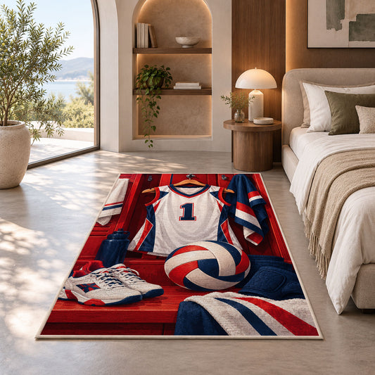 Volleyball Locker Jersey Rug in a bedroom with an arched window