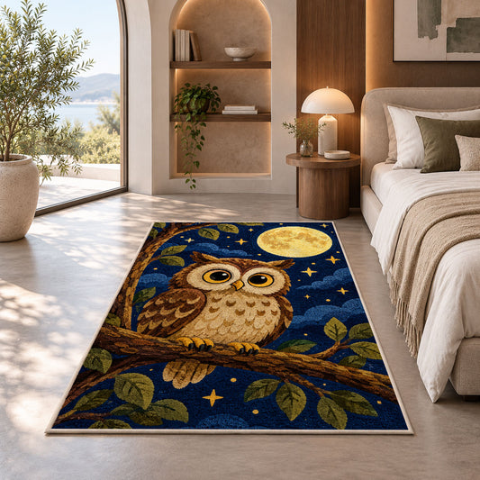 Owl and Full Moon Rug in a bedroom with an arched window