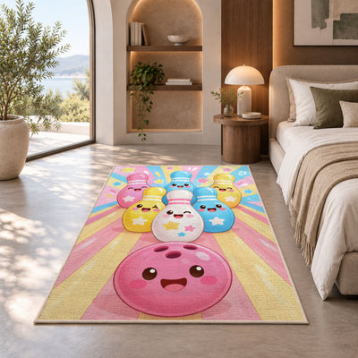 Cute Cartoon Bowling Pins Rug in a bedroom with an arched window