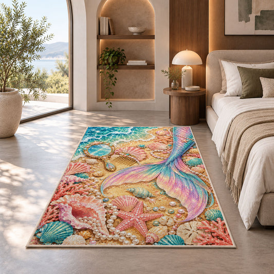 Mermaid Tail and Vanity Shells Rug in a bedroom with an arched window