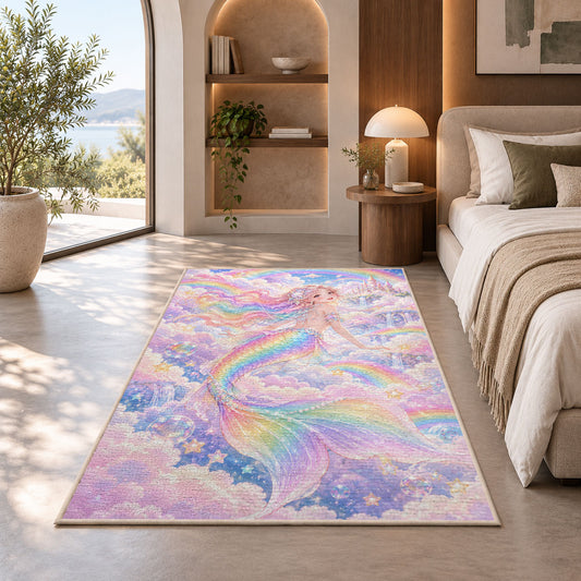 Rainbow Mermaid Rug in a bedroom with an arched window