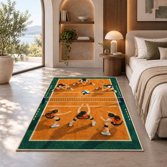 Volleyball Team on Court Rug in a bedroom with an arched window