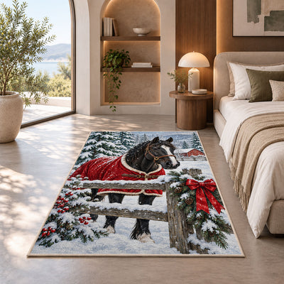 Horse in Winter Snow Rug in a bedroom with an arched window