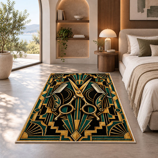 art deco barber rug in a bedroom with an arched window