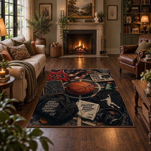 Dark Street Basketball Chalk Rug displayed in a living room