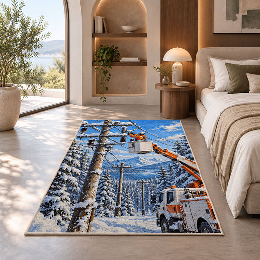 winter lineman bucket truck rug in a bedroom with an arched window