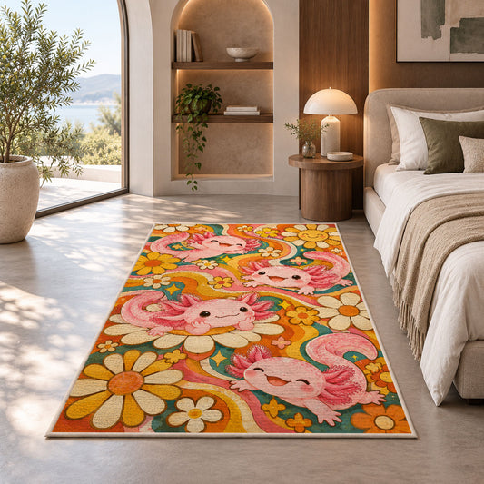Retro Groovy Axolotl Rug in a bedroom with an arched window