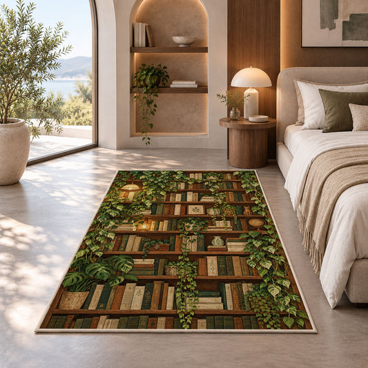 Ivy Covered Bookshelf rug in a bedroom with an arched window