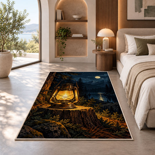 Vintage Camping Lantern rug in a bedroom with an arched window