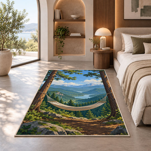Hammock Between Pines rug in a bedroom with an arched window