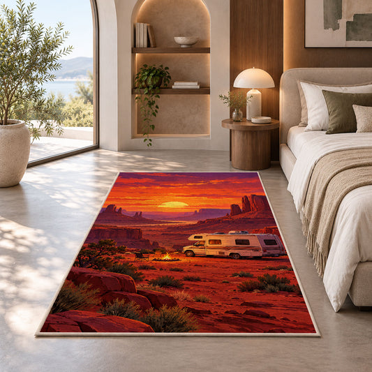 RV Red Rock Desert Sunset rug in a bedroom with an arched window