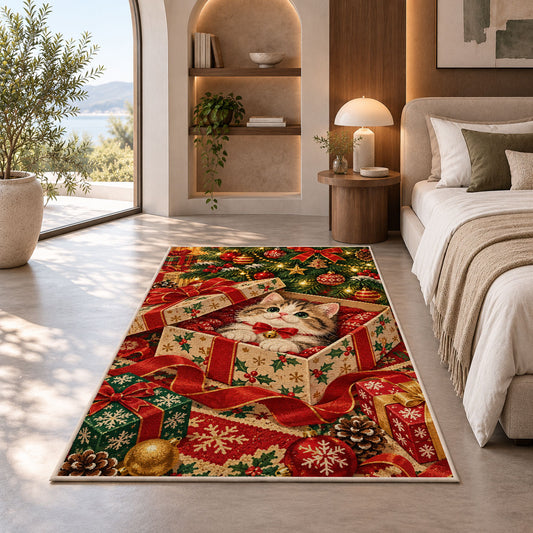 Kitten in Christmas Gift rug in a bedroom with an arched window