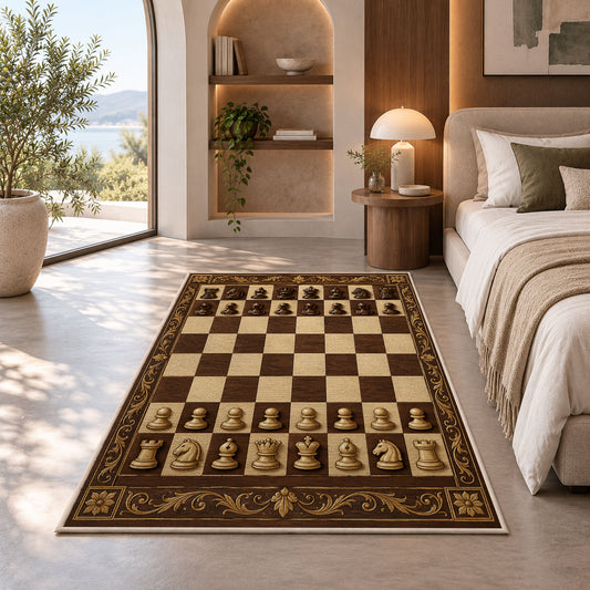 classic wooden chessboard rug in a bedroom with an arched window