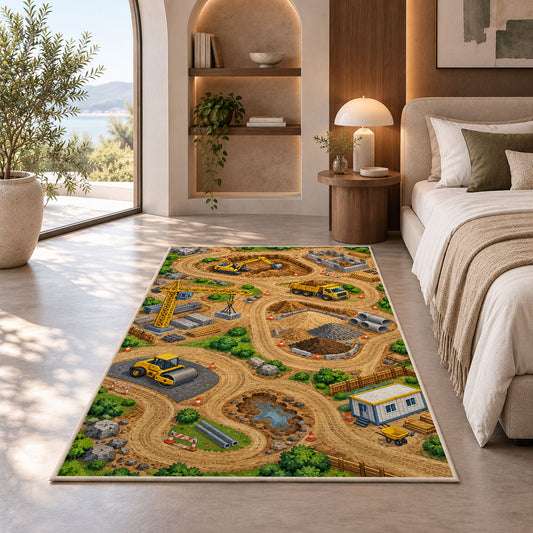 Construction Site Play Mat Rug in a bedroom with an arched window
