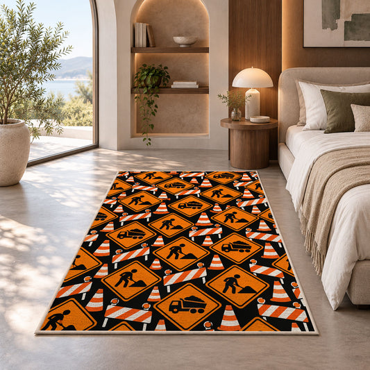 Construction Sign Pattern Rug in a bedroom with an arched window