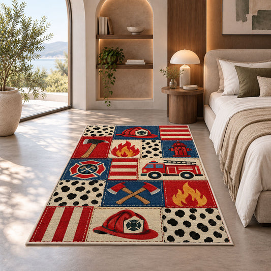 Firefighter Patchwork rug in a bedroom with an arched window