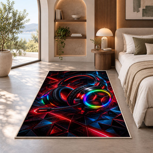 RGB Gaming Headset rug in a bedroom with an arched window
