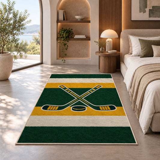 Hockey Jersey Stripes rug in a bedroom with an arched window