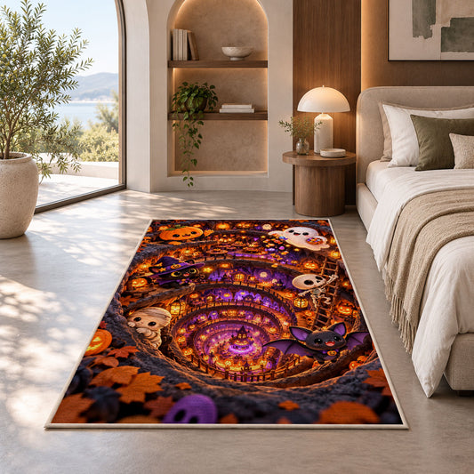 Halloween village underground tunnel area rug in a bedroom beside a window